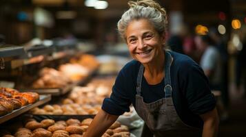 Happy woman working in a bakery with a sincere smile. Generative AI photo