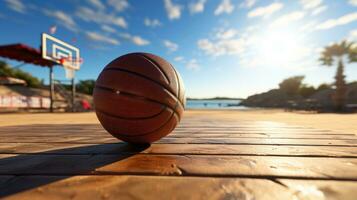 baloncesto Corte y baloncesto pelota acostado en el suelo aislado en el antecedentes. generativo ai foto