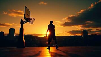 Silhouette of player preparing to dunk on basketball court with sunset and city skyline in the background. Generative AI photo