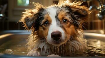 A cute pet puppy with wet hair is taking a bath. Generative AI photo