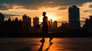 Silhouette of player preparing to dunk on basketball court with sunset and city skyline in the background. Generative AI photo