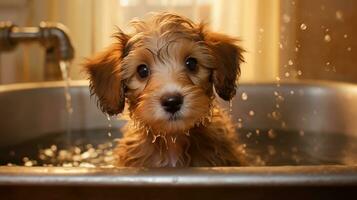 A cute pet puppy with wet hair is taking a bath. Generative AI photo