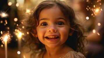 Young girl radiating joy and excitement at her birthday party. Generative AI photo