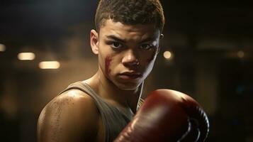 Close-up photo of young male boxer. Generative AI