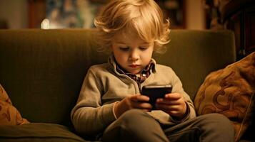A little boy immersed in the digital world uses a phone while sitting on the sofa. Generative AI photo