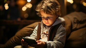 A little boy immersed in the digital world uses a phone while sitting on the sofa. Generative AI photo