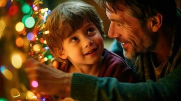 Happy boy decorating the Christmas tree with his father. Generative AI photo