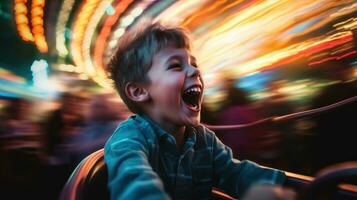 The joy of a young boy getting into a bumper car. Generative AI photo