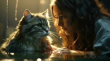 un mujer y su mascota gato bañarse su mascota gato en el baño. generativo ai foto