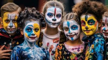 Kids painting their faces for Halloween. Generative AI photo