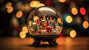 Christmas snow globe isolated on background with yellow light. Generative AI photo