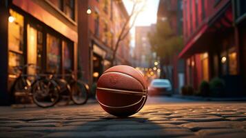 Concept of standing basketball ball isolated on city background. Generative AI photo
