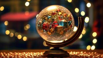 Christmas snow globe isolated on background with yellow light. Generative AI photo