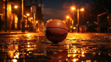 concepto de en pie baloncesto pelota aislado en ciudad antecedentes. generativo ai foto