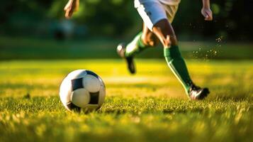 de cerca de fútbol jugador corriendo a golpear el pelota. generativo ai foto