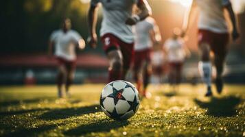 de cerca de fútbol jugador corriendo a golpear el pelota. generativo ai foto