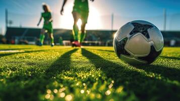 de cerca de fútbol jugador corriendo a golpear el pelota. generativo ai foto