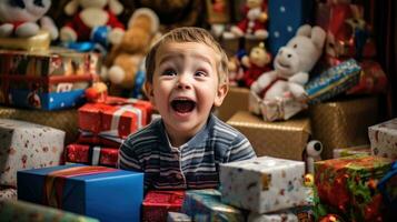 linda pequeño chico con cumpleaños regalo cajas en frente de a él. generativo ai foto