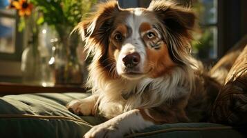 Pet dog lying gracefully on sofa at home, eyes shining with satisfaction. Generative AI photo