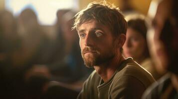 Emotional state of a man sitting in the middle of a support group meeting. Generative AI photo