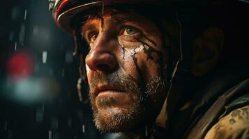 Close-up of a firefighter's tired and worried face during a fire. Generative AI photo