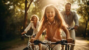 A family cycling happily on a sunny day. Generative AI photo