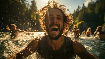 un grupo de amigos teniendo divertido en el refrescante aguas de el lago. generativo ai foto