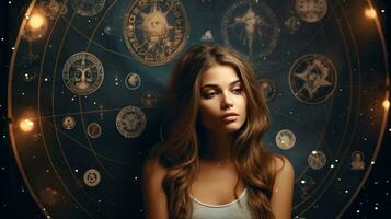 Beautiful girl surrounded by a detailed astrological chart symbolizing the zodiac. Generative AI photo