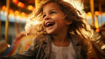 The joy of a young girl riding a moving merry-go-round. Generative AI photo