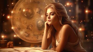 Beautiful girl surrounded by a detailed astrological chart symbolizing the zodiac. Generative AI photo