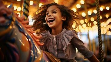 The joy of a young girl riding a moving merry-go-round. Generative AI photo