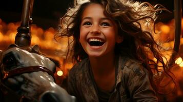 el alegría de un joven niña montando un Moviente tiovivo. generativo ai foto