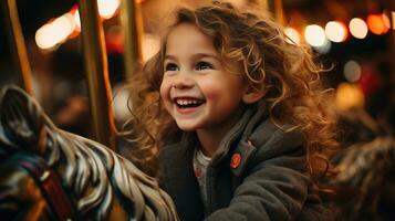 The joy of a young girl riding a moving merry-go-round. Generative AI photo