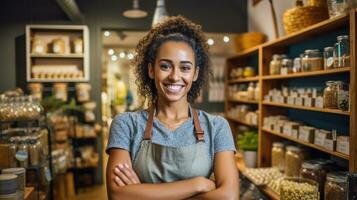 Happy woman working in a Neighborhood grocery store with a sincere smile. Generative AI photo