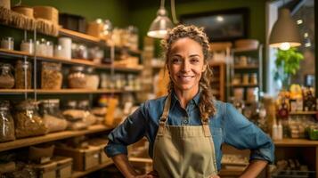 Happy woman working in a Neighborhood grocery store with a sincere smile. Generative AI photo