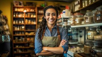 Happy woman working in a Neighborhood grocery store with a sincere smile. Generative AI photo