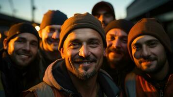 memoria acerca de un equipo de construcción trabajadores, su sonrisas y amistad a el construcción sitio. generativo ai foto