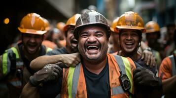 memoria acerca de un equipo de construcción trabajadores, su sonrisas y amistad a el construcción sitio. generativo ai foto