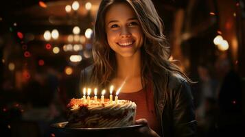 beautiful girl holding a birthday cake. Generative AI photo