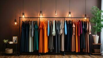 Rows of clothes meticulously arranged on hangers displaying a variety of fabrics, patterns and colours. Generative AI photo