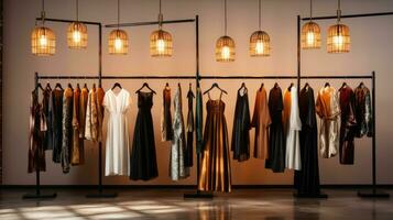 Rows of clothes meticulously arranged on hangers displaying a variety of fabrics, patterns and colours. Generative AI photo