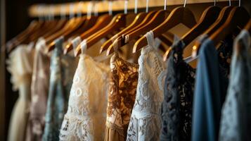 Rows of clothes meticulously arranged on hangers displaying a variety of fabrics, patterns and colours. Generative AI photo