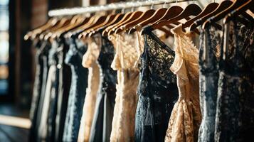 Rows of clothes meticulously arranged on hangers displaying a variety of fabrics, patterns and colours. Generative AI photo