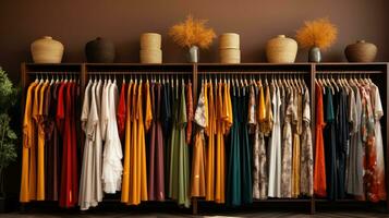 Rows of clothes meticulously arranged on hangers displaying a variety of fabrics, patterns and colours. Generative AI photo