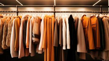 Rows of clothes meticulously arranged on hangers displaying a variety of fabrics, patterns and colours. Generative AI photo