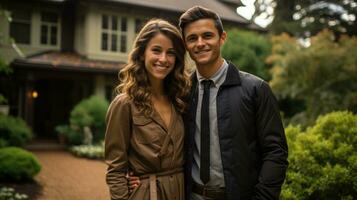 un contento Pareja son en pie en su entrada de coches. generativo ai foto