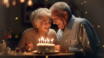 Adorable elderly husband and wife celebrate their birthday happily. Generative AI photo