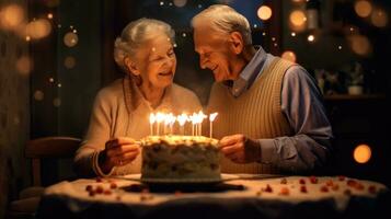 Adorable elderly husband and wife celebrate their birthday happily. Generative AI photo