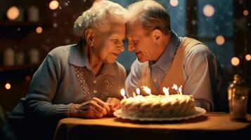 Adorable elderly husband and wife celebrate their birthday happily. Generative AI photo