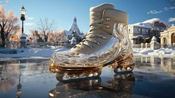 Skating shoes standing on the ice rink. Generative AI photo